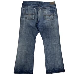 Guess Premium Cliff Boot Cut Jeans Men 40x32 Blue Fade Whiskered Loose Wide